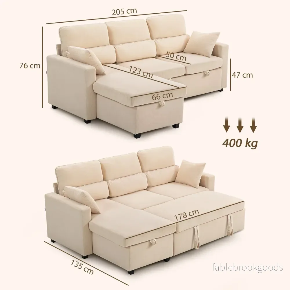 Ställbar L-formad bäddsoffa med förvaring, beige - Bild 3