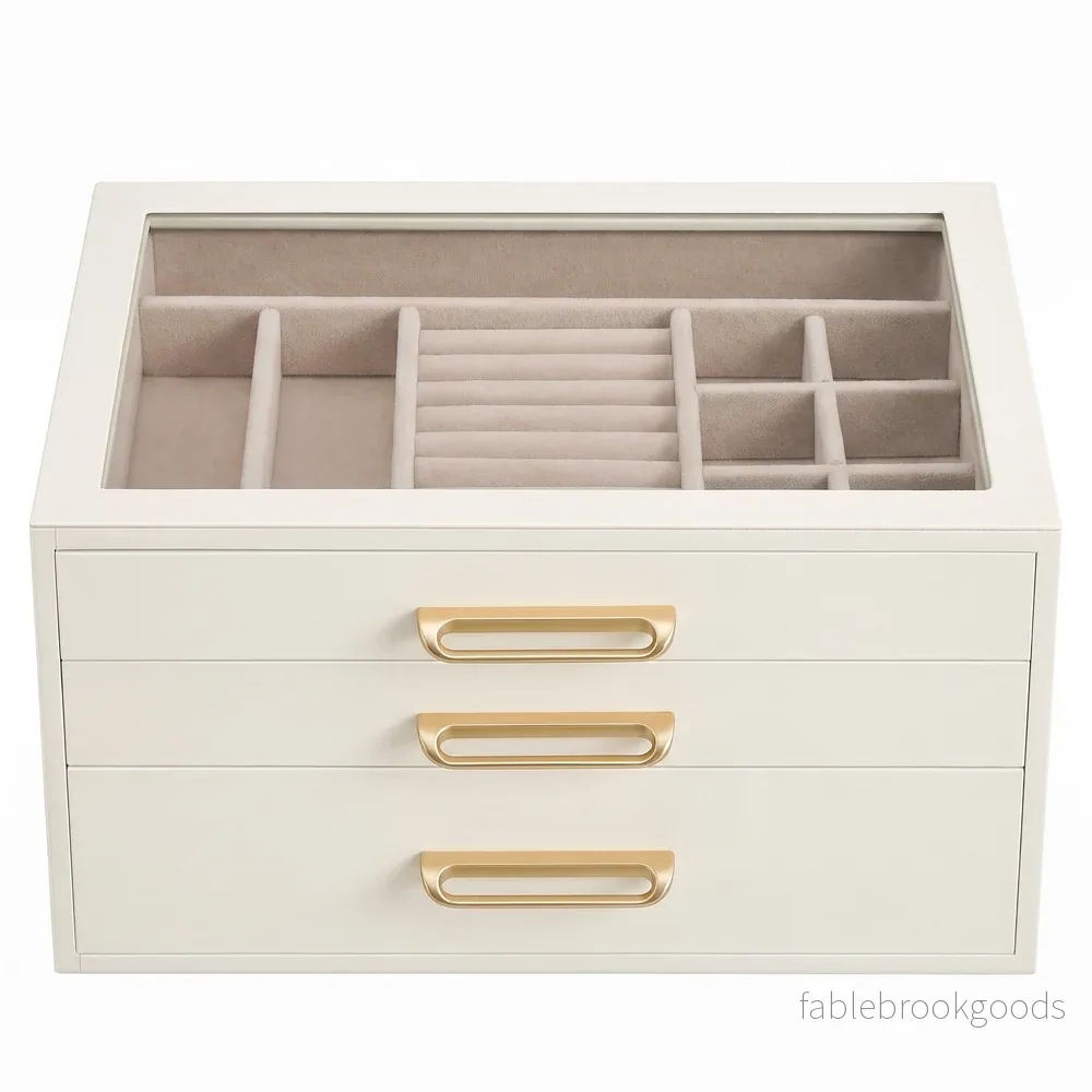 Sieradendoos – Met Glazen Deksel en Meerdere Vakken – Wit en beige – 24 x 16 x 12,5 cm