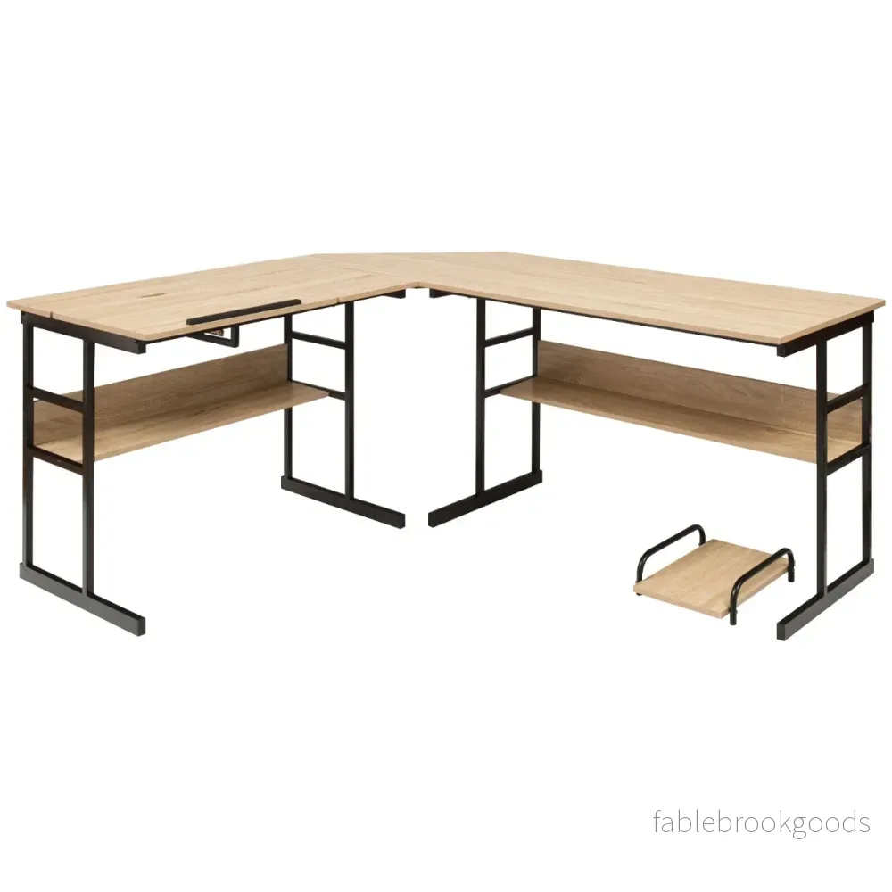L – formad skrivbord med vinklingsbart bordsskiva, nedre bokhylla och CPU ställ, ritbord, – 170 x 150 x 75 cm – Natur