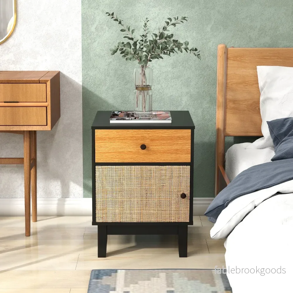 Rotting – nattduksbord med låda och skåp sängbord sidobord soffbord i boho stil – Svart - Bild 3