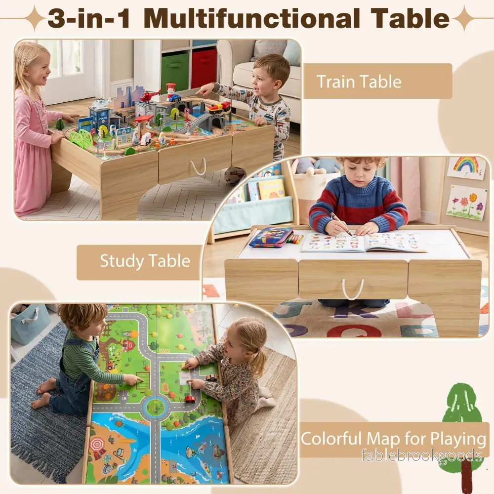 Trälekbord, – 110‑delat barnjärnvägsset med stor inbyggd låda, – 107 x 63 x 40 cm - Bild 3