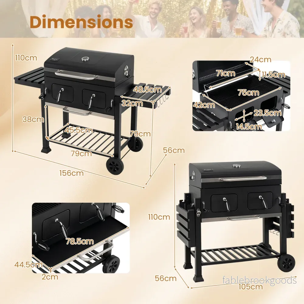 Kolgrill – med lock, grillvagn hjul och skyddstäcke, klotgrill termometer i - Bild 2