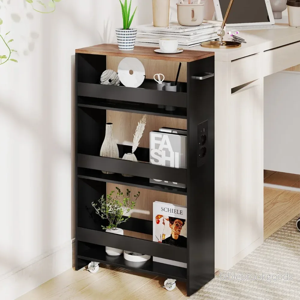 Smal – Förvaringsvagn med Laddningsstation steg rullbar Köksvagn Handtag + vintagebrun – 4 20 cm – Brun + svart - Bild 3