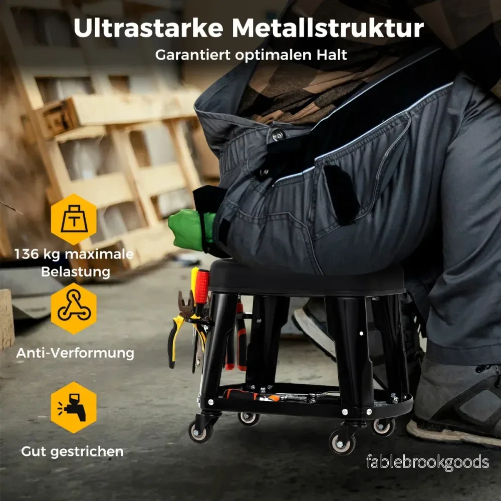 Verkstadspall – Verkstadsstol med verktygsbricka och verktygshållare – Svart - Bild 2