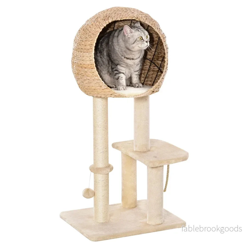 Kattträd med skrapstolpe och grotta, beige, 100 cm hög