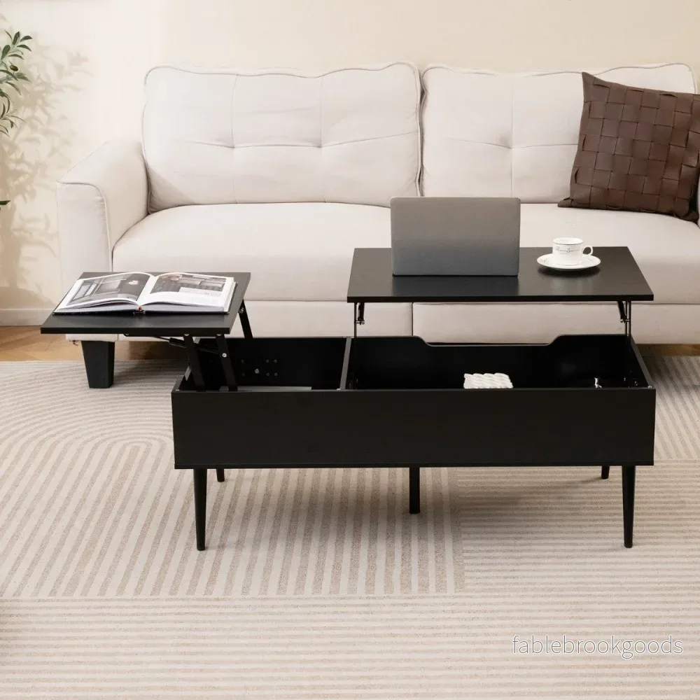 Höj – och sänkbar soffbord med lyftbar bordsskiva dolda förvaringsfack sidobord – 2 – Svart - Bild 3
