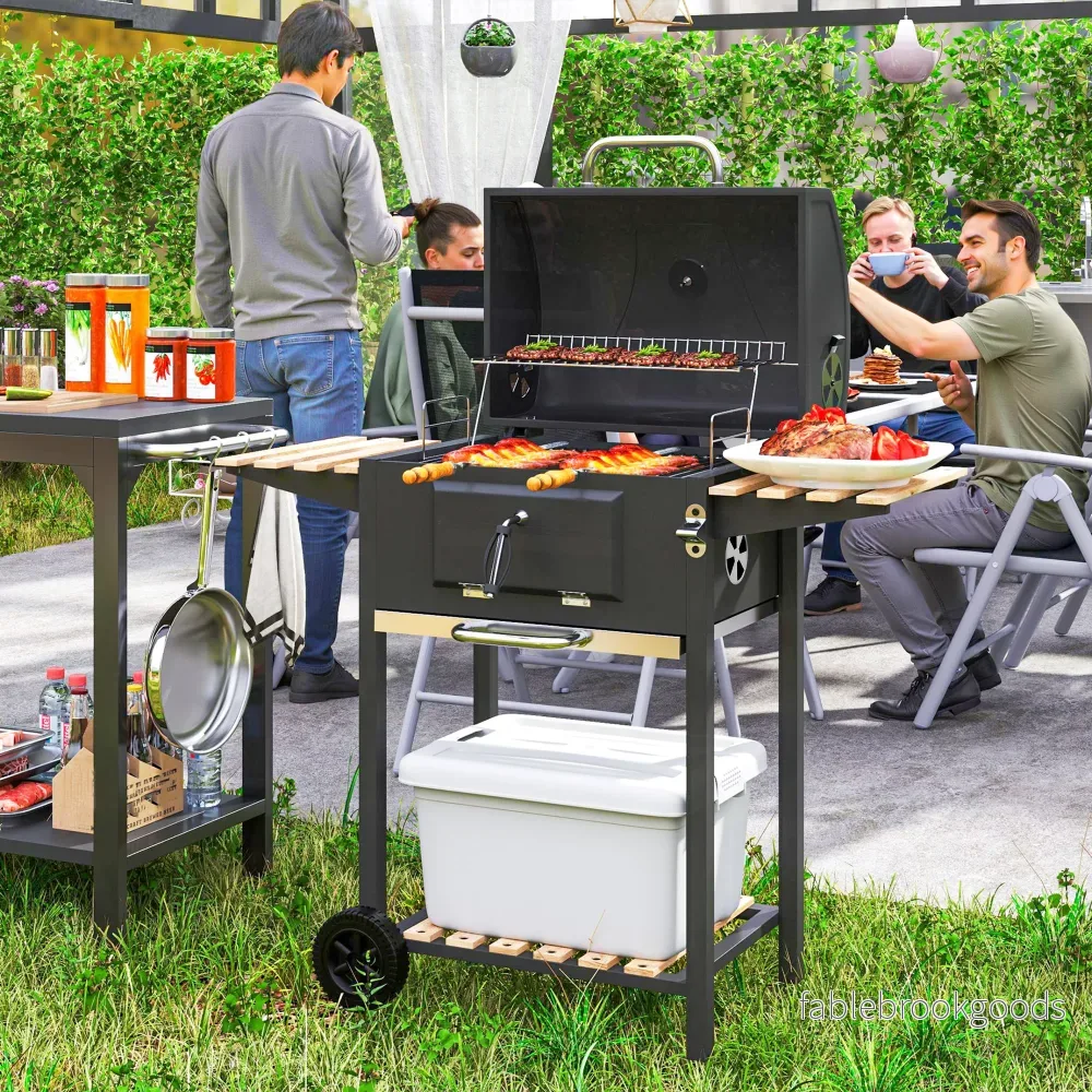 Kolgrill i rostfritt stål, mobil grillvagn med lock, termometer, grillgaller, hjul, justerbart handtag, kolbricka, kolgrillvagn med vedhylla, BBQ rökare för camping, trädgård 112x58x107cm | - Bild 3
