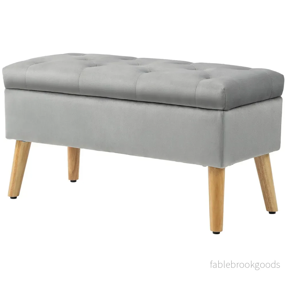 Förvaringsbänk med lock, Grey Velvet Look, 102 x 35 x 43 cm