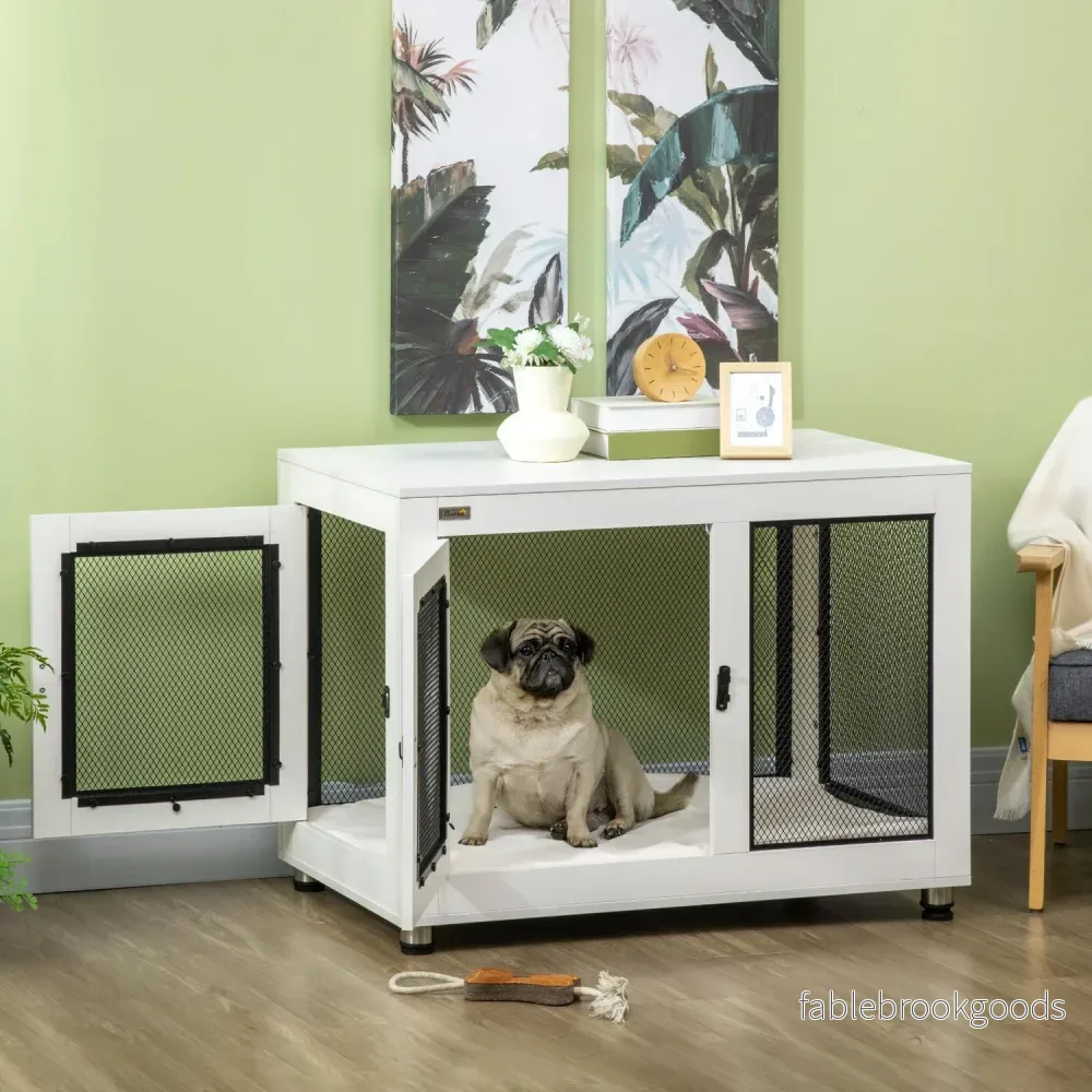 Hundbur med bordsskiva & kudde - inomhus, 2 dörrar, vit/svart - Bild 2