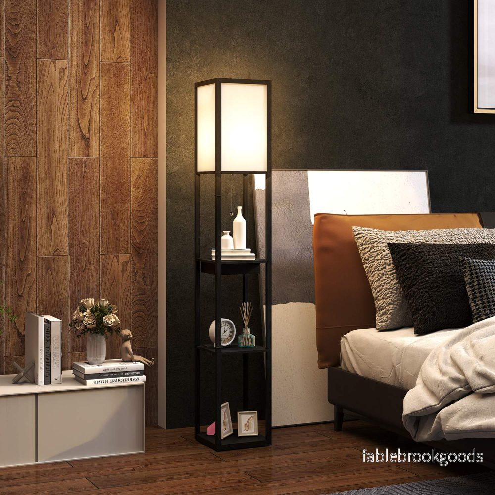 Golvlampa med tygskärm, USB-portar, vit & svart - Bild 2