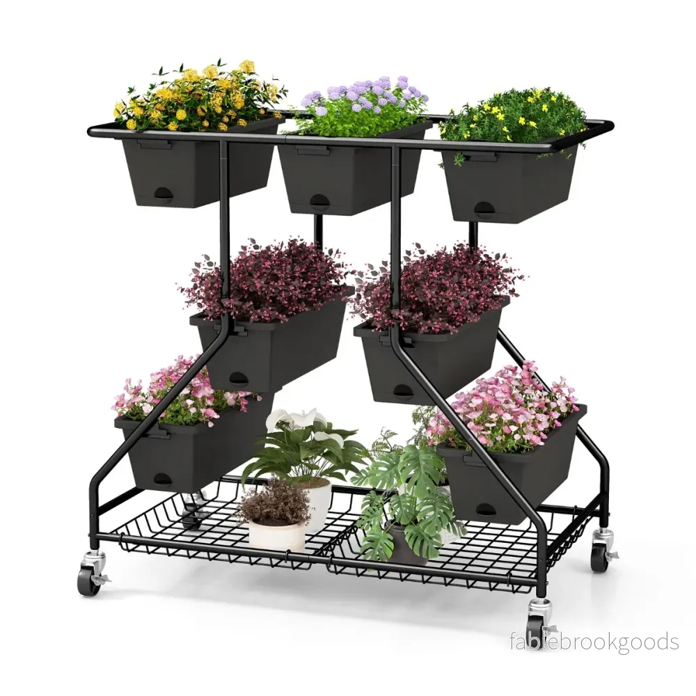 Blomsterställ – med blomlådor Blomstrappa hjul – 100 x 56 x 99 cm – Svart