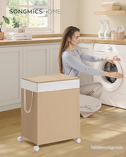 Tvättkorg 100 L med 2 fack och hjul naturligt beige mattvitt - Bild 2