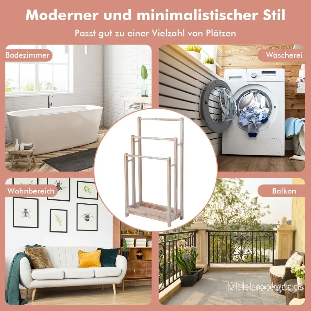 Fristående – handdukshållare i trä med handduksstänger och undre hylla tippskydd – 3 – Vit - Bild 2
