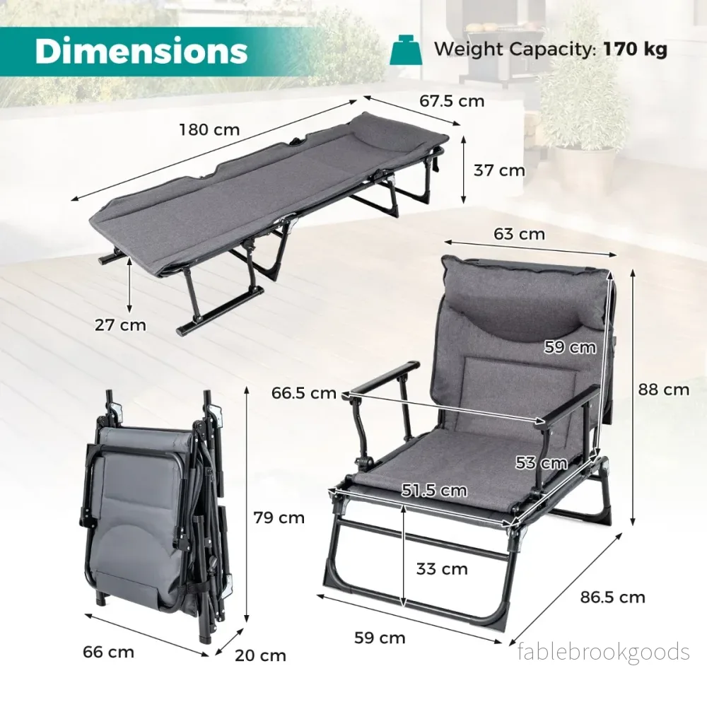 i – Trädgårdslounge med Huvudstöd och Justerbart Ryggstöd Vikbar Sollounge – 3 1 180 x 67,5 x 37 cm – Grå-svart - Bild 2