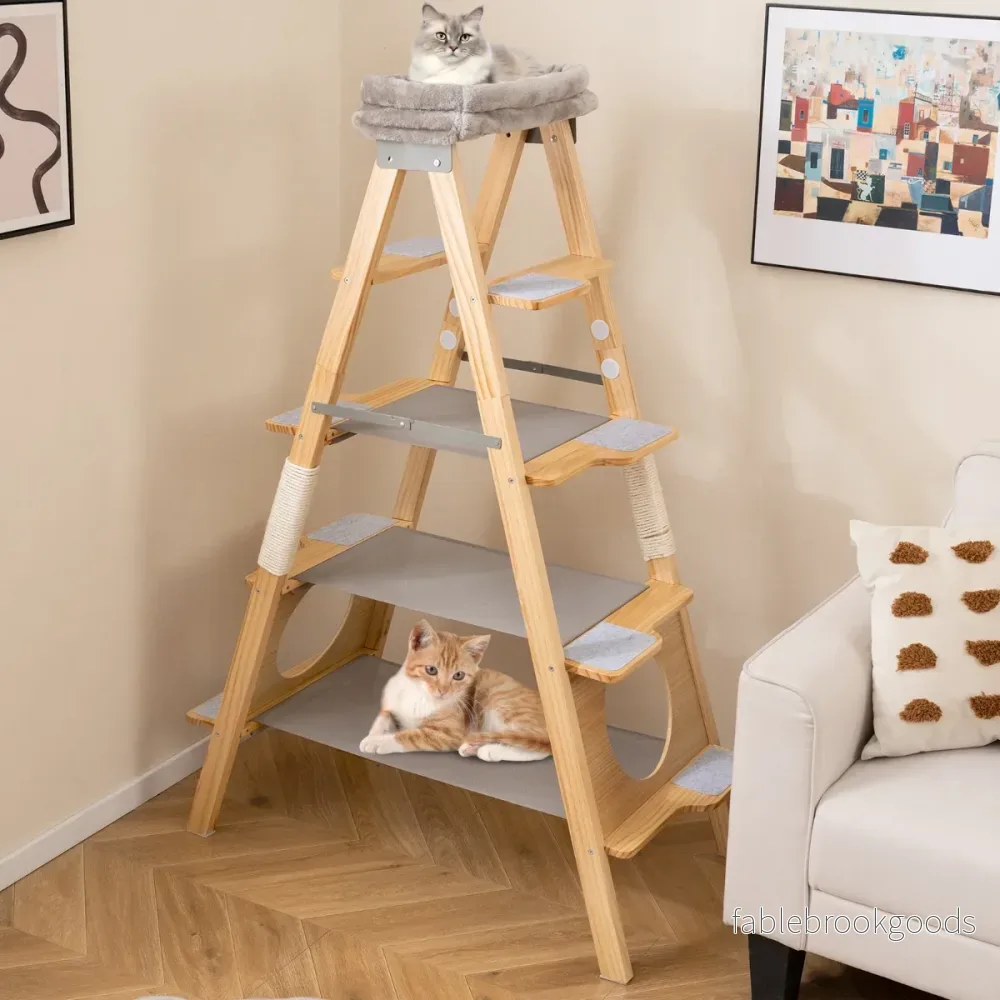 Klösträd – och Stege med Sisal Klospelare Kuddad Liggplats Ihopfällbar Kattträd – Grå - Bild 3