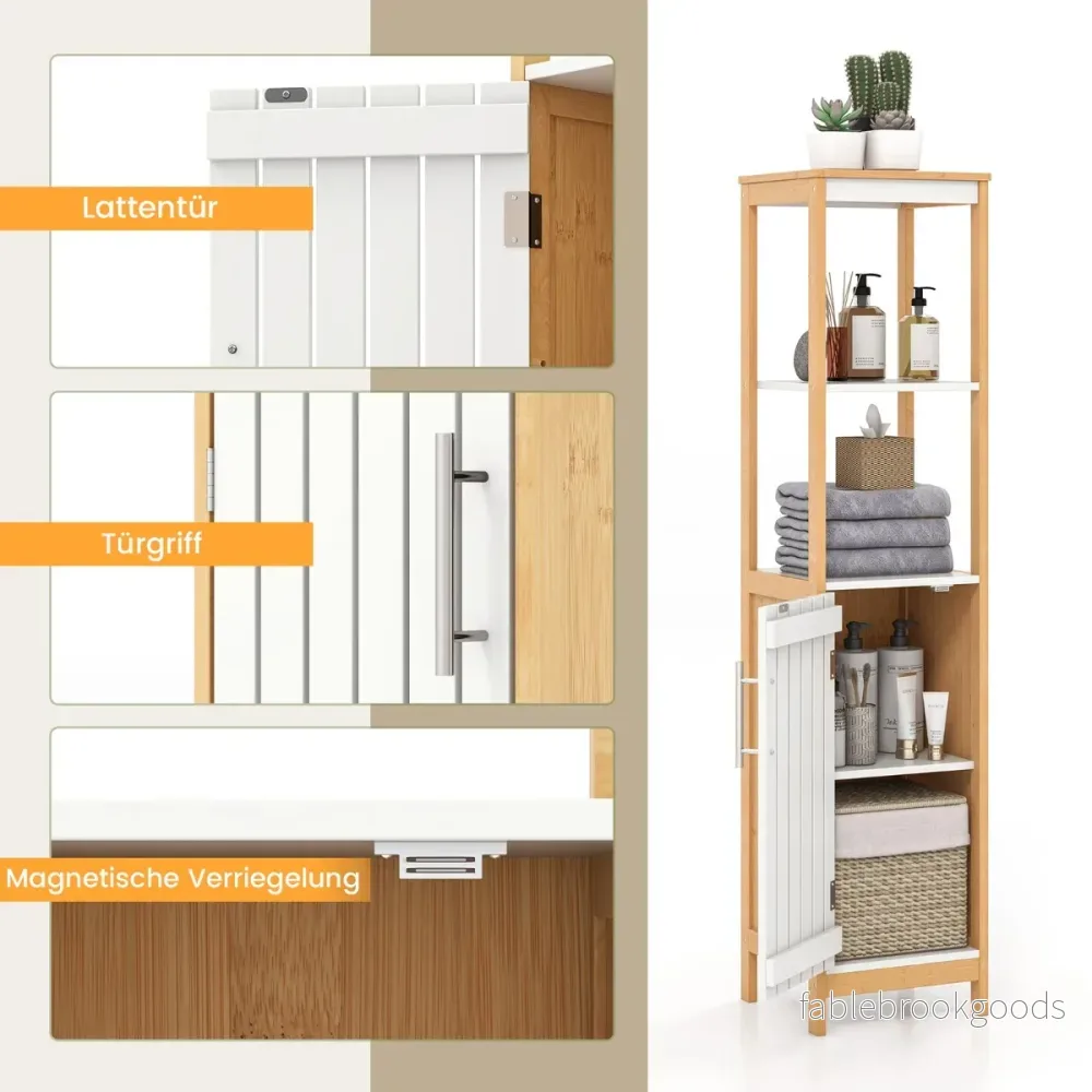 Badrumsskåp – smalt med bländskyddsdörr och justerbar hylla bambu – Natur - Bild 3