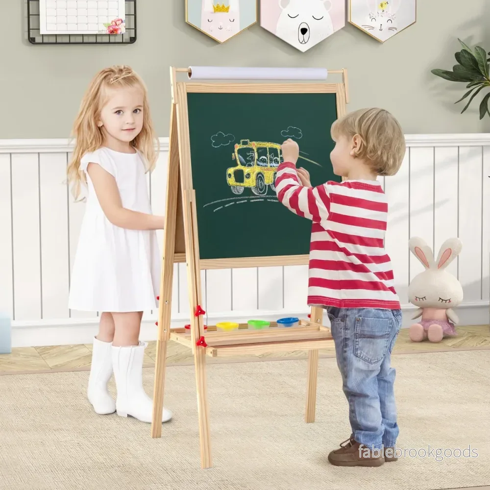 i – Barn Tafel med Magnetisk Tavelkritt och Whiteboard Papperroll Höjdjusterbar – 3 1 – Natur - Bild 3