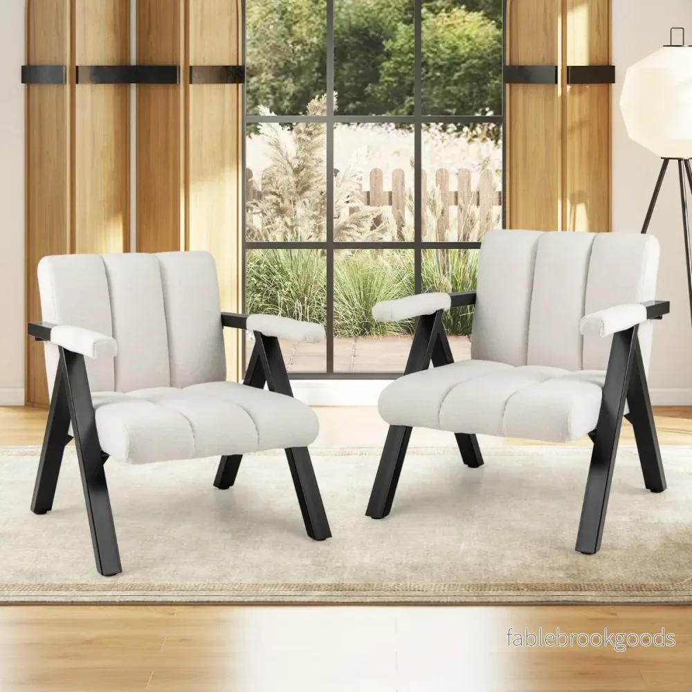 Polstrad – loungestol med armstöd och metallram Modern soffstol Relaxstol – Beige - Bild 3