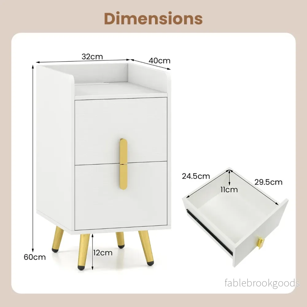 Nattduksbord – med Laddningsstation smal Låda Sidobord Metallben – 2 – Vit - Bild 2