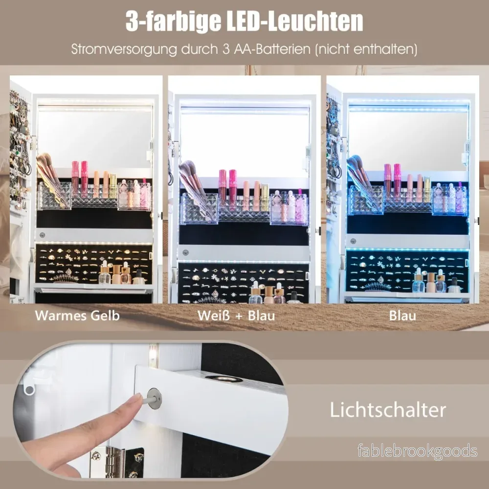 Smyckesskåp – med speglar och Låda Hjul Lampor Smyckesspegel – 3 – Vit - Bild 3