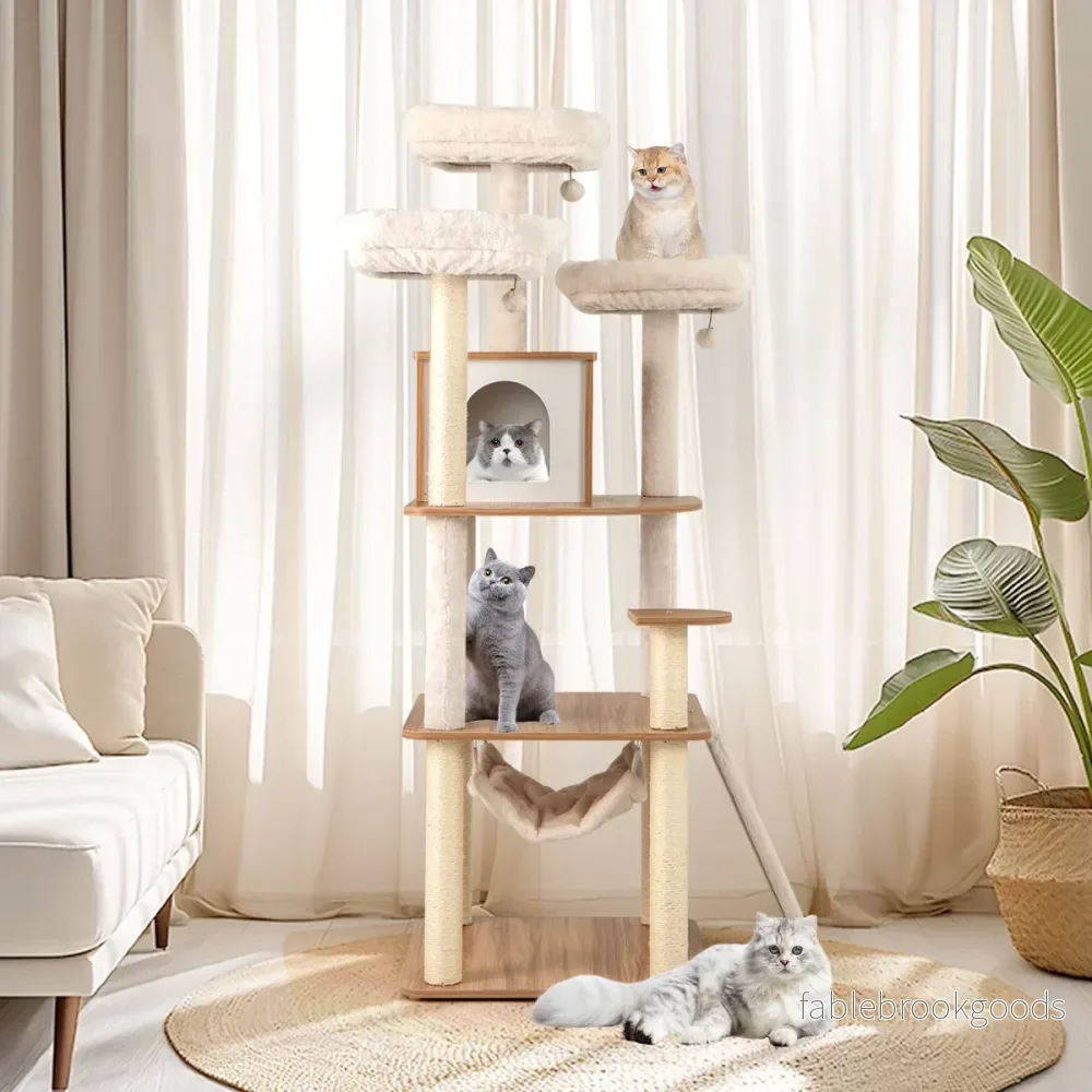Trä – kattklösträd med håla och stege mattor bollar hängmatta – 168 cm – Natur - Bild 3
