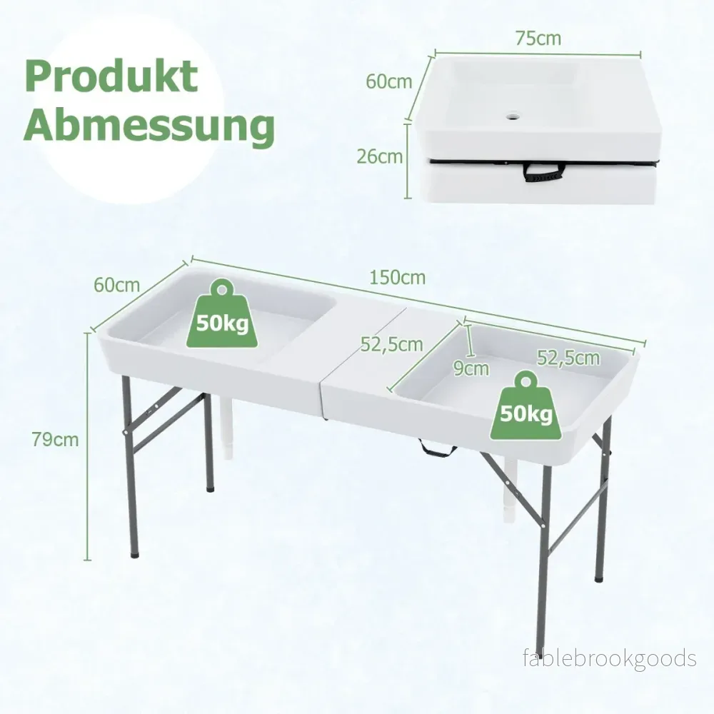 Fällbar – campingbord med dubbelho och förkläde samt avloppsslang kylbord trädgårdsbord – Vit - Bild 2