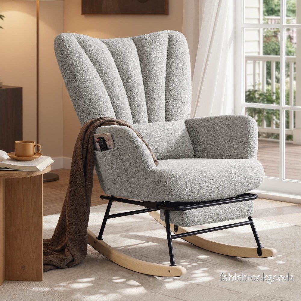 Schommelstoel – Met Uitschuifbare Voetensteun – Fleece – Houten Poten – Duifgrijs