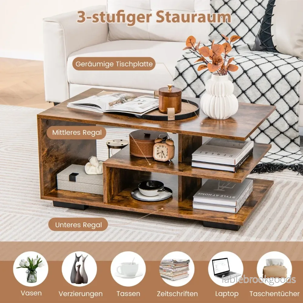 Soffbord – med förvaringsutrymme och L formad mitthylla Rektangulärt vardagsrumsbord Accentbord – Brun - Bild 3