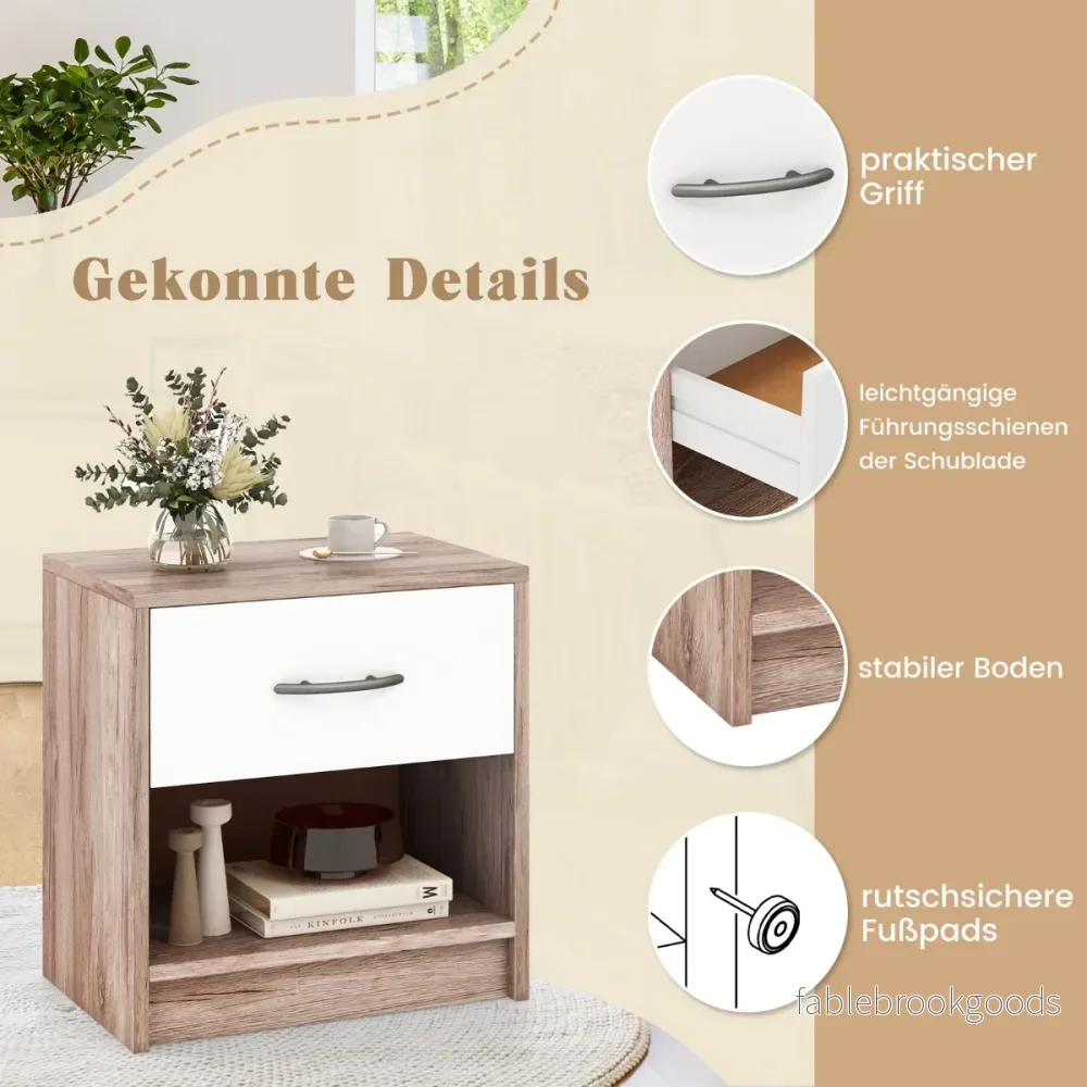 Sängbord – med låda Litet sidobord öppet fack + – 38,5 x 28 x 40,5 cm – Ek + vit - Bild 3