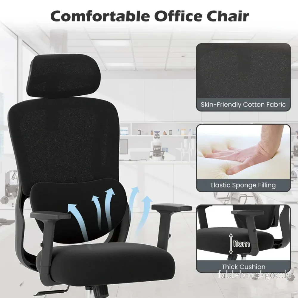 Ergonomisk – kontorsstol med justerbar huvudstöd och ländryggsstöd skrivbordsstol – Svart - Bild 3