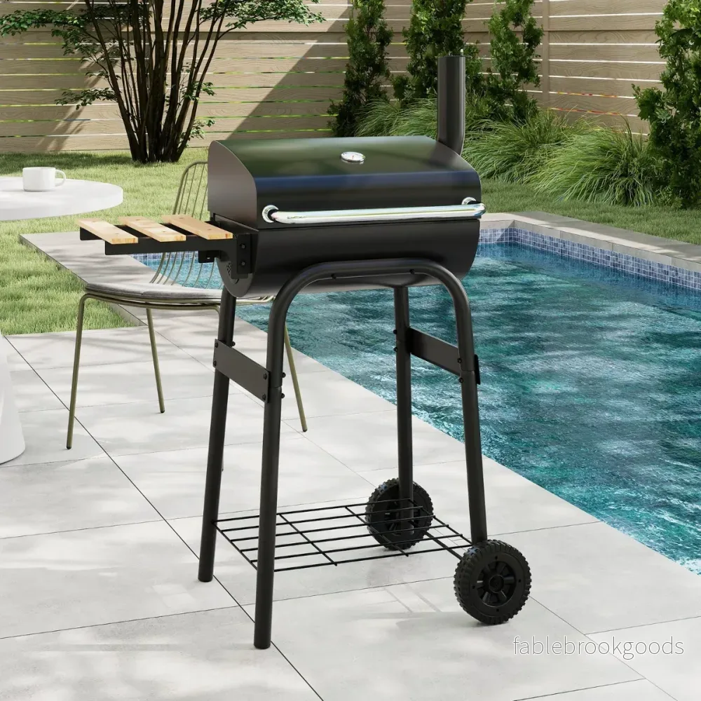 Träkolgrill – med Klappbar Sidobord och Termostat Grillvagn Utomhus BBQ – Svart - Bild 3