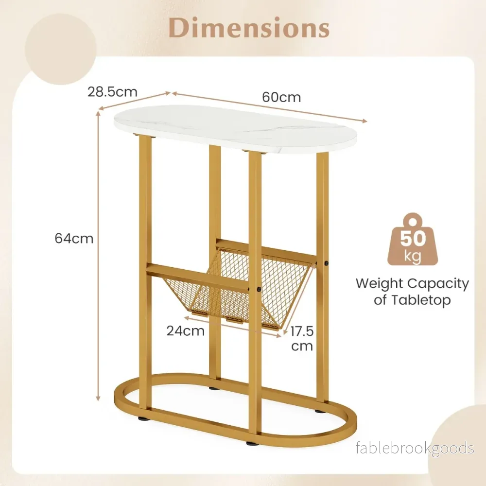Smalt – sidobord stegs ovalt sängbord med tidskriftsfack platsbesparande soffbord Vitt – 2 – Vit - Bild 2