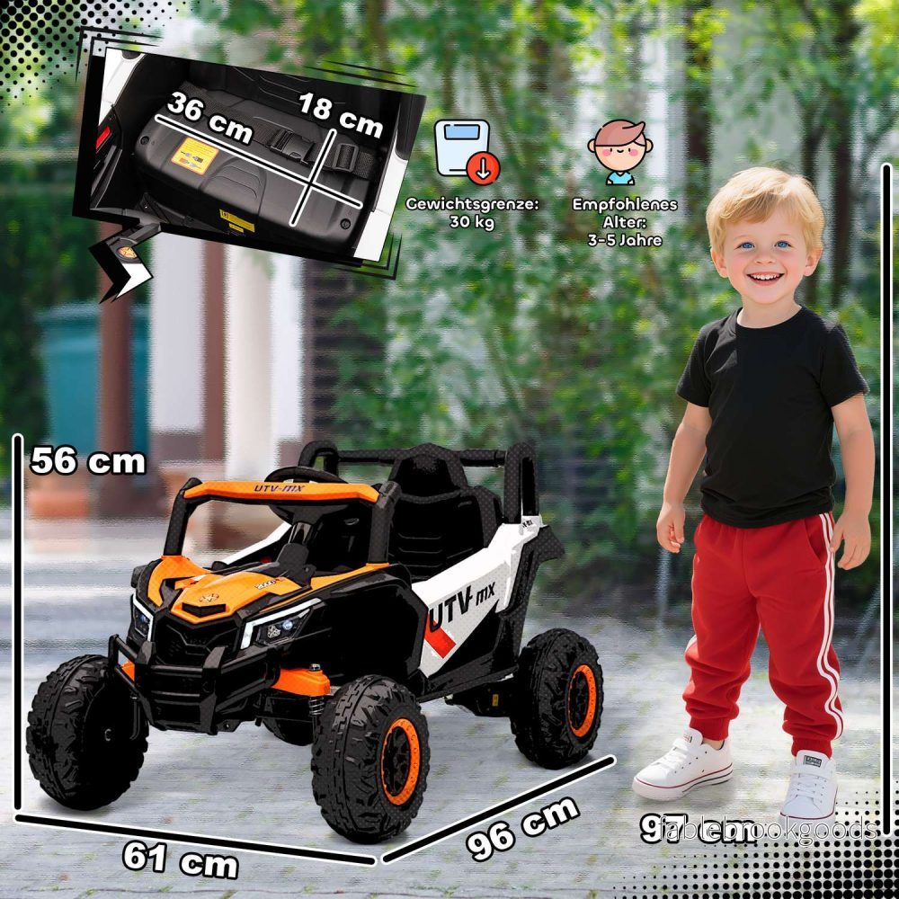 12V Elbil för Barn, Fjärrkontroll, Säkerhetsbälte, Tuta, LED, USB, Orange - Bild 3