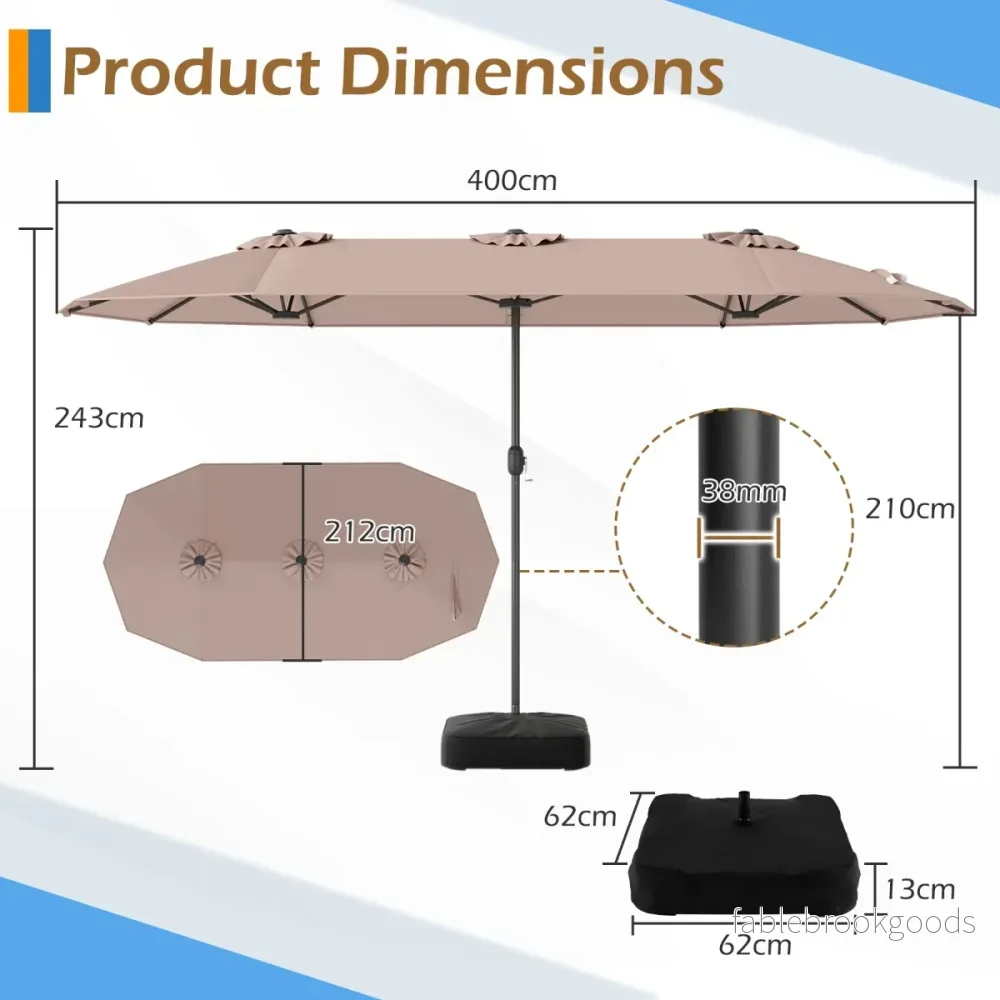 Dubbel – parasoll med stativ, solskydd UPF 50+, – 400 x 200 cm – Brun - Bild 2