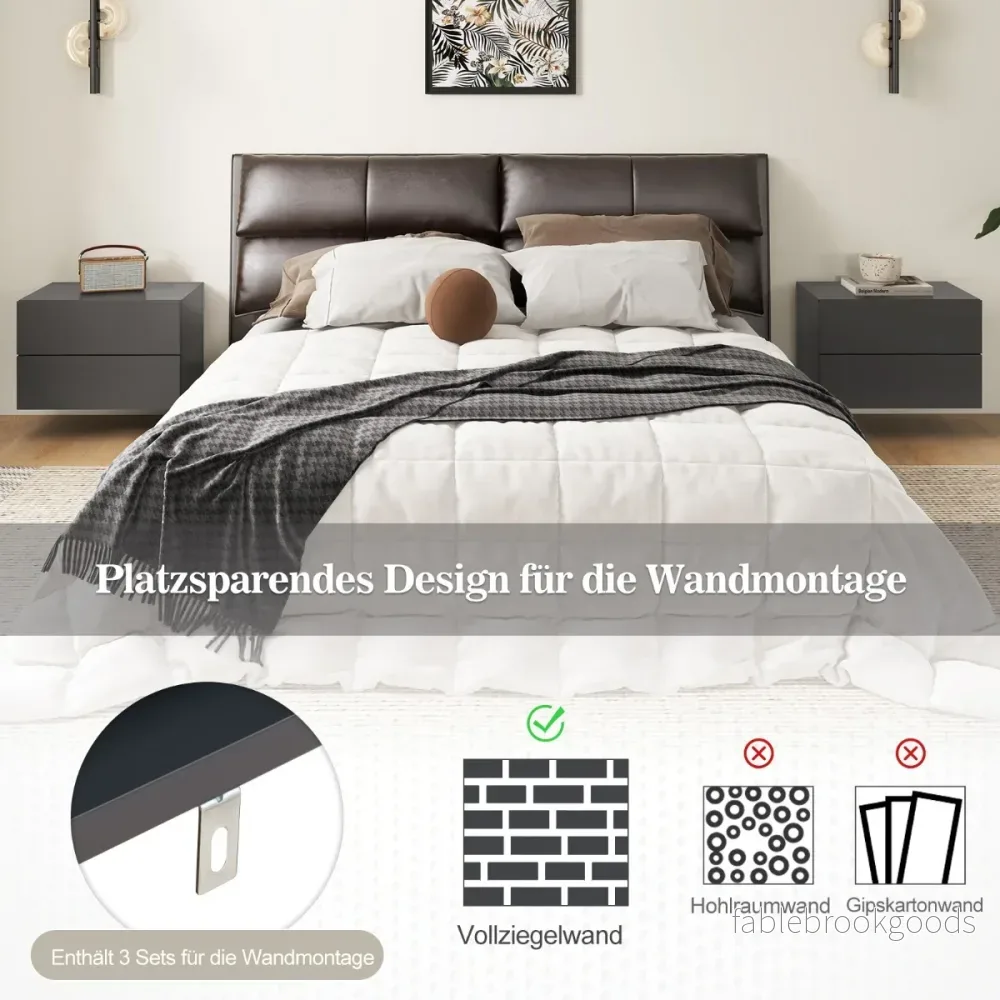 Sängbord – hängande vägghylla med lådor sidobord väggmonterad – 2 42 x 30 x 28 cm – Grå - Bild 2
