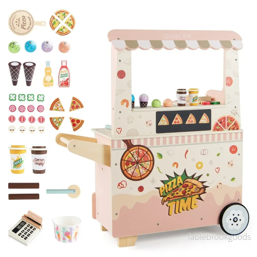 Barn – Pizza Food Truck Trä Snackvagn för rollspel med ugn magnetisk tavla – Rosa