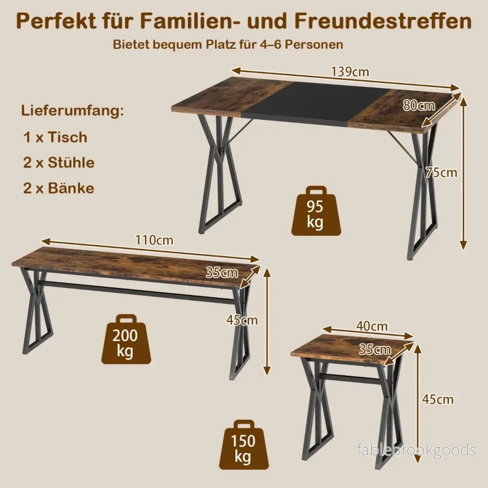 delat – matsalsmöblemang för personer, industriellt rektangulärt köksbord med bänkar, brunt – 5 4-6 2 – Brun - Bild 2