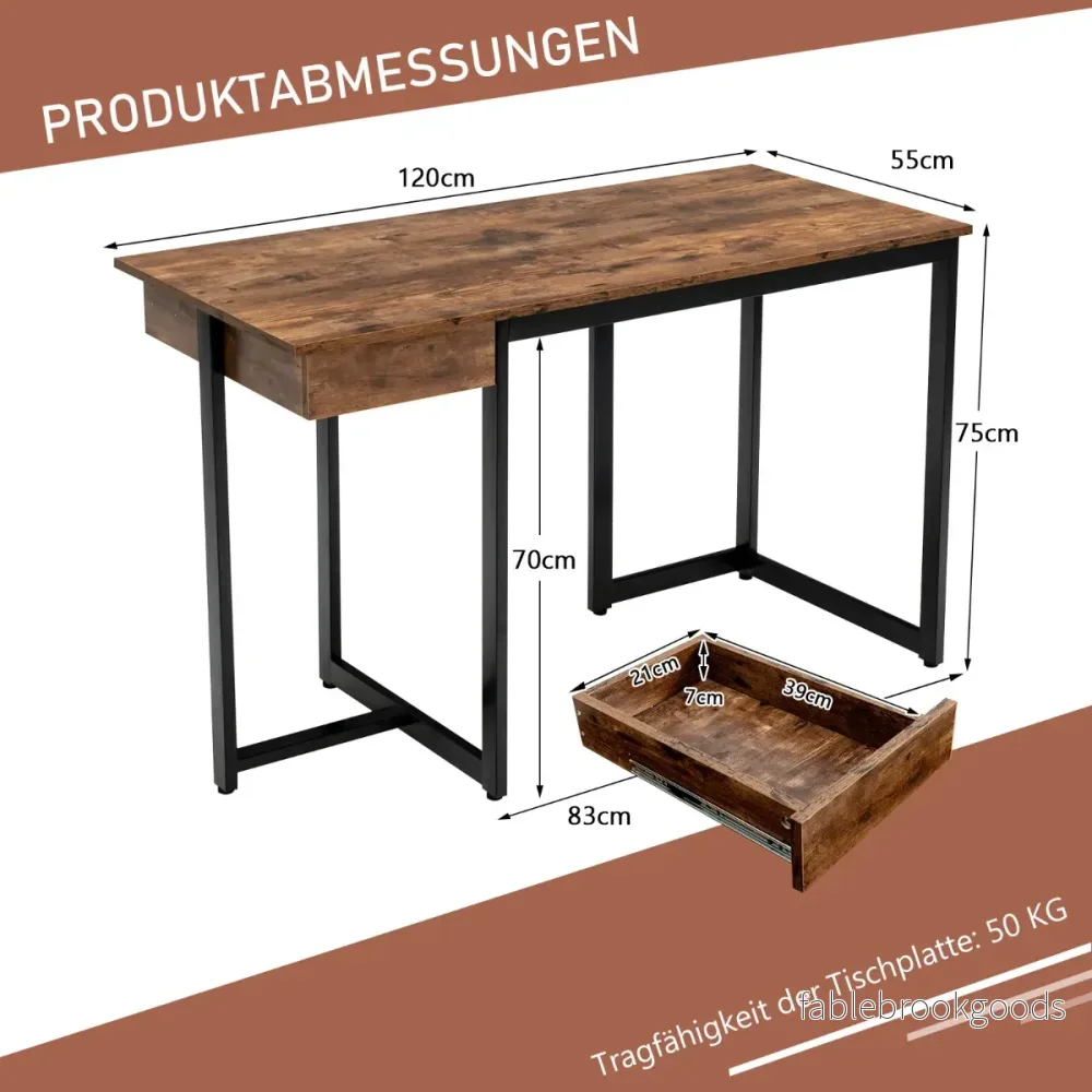 Långt – datorbord med låda och justerbara kuddar datorskrivbord rustikt brunt – 120 cm – Rustik brun - Bild 2