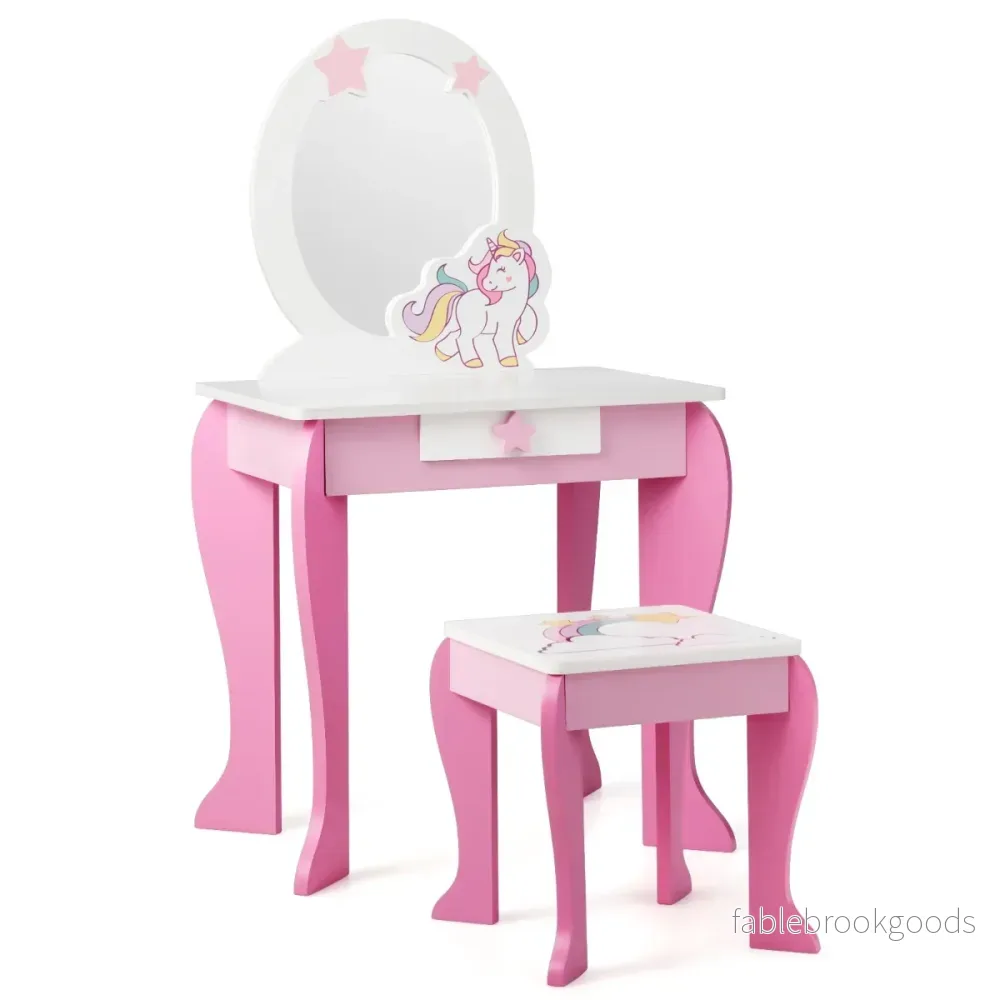 Sminkbord – i trä med pall och avtagbar spegel låda – Rosa - Bild 2