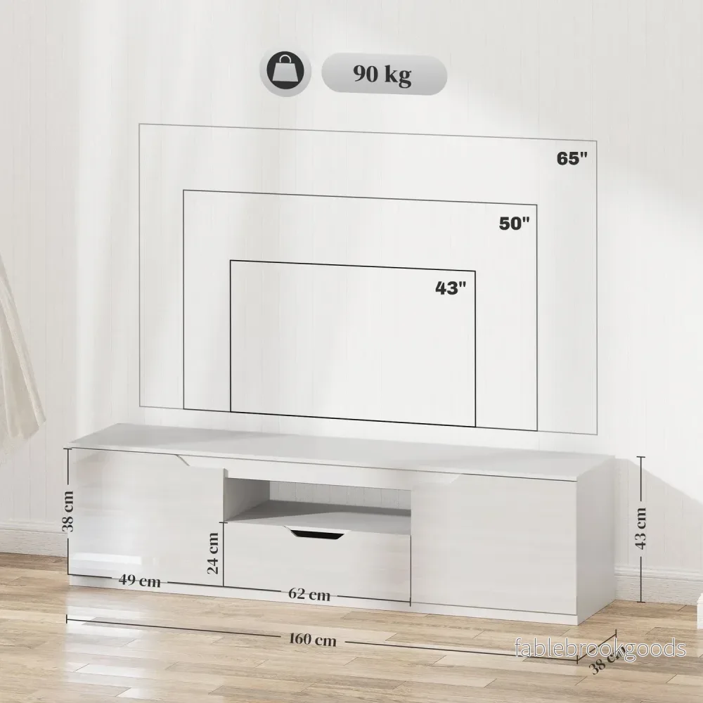 Vitt TV-skåp – 160cm Lowboard, 2 dörrar, låda - Bild 3