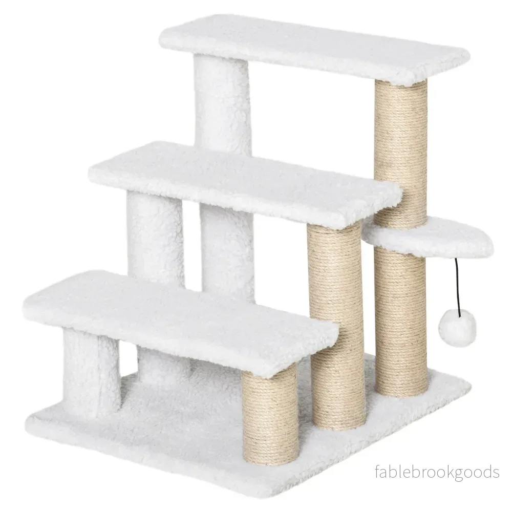 Husdjurstrappor och skrapstolpe, 3 steg, plysch/jute, vit