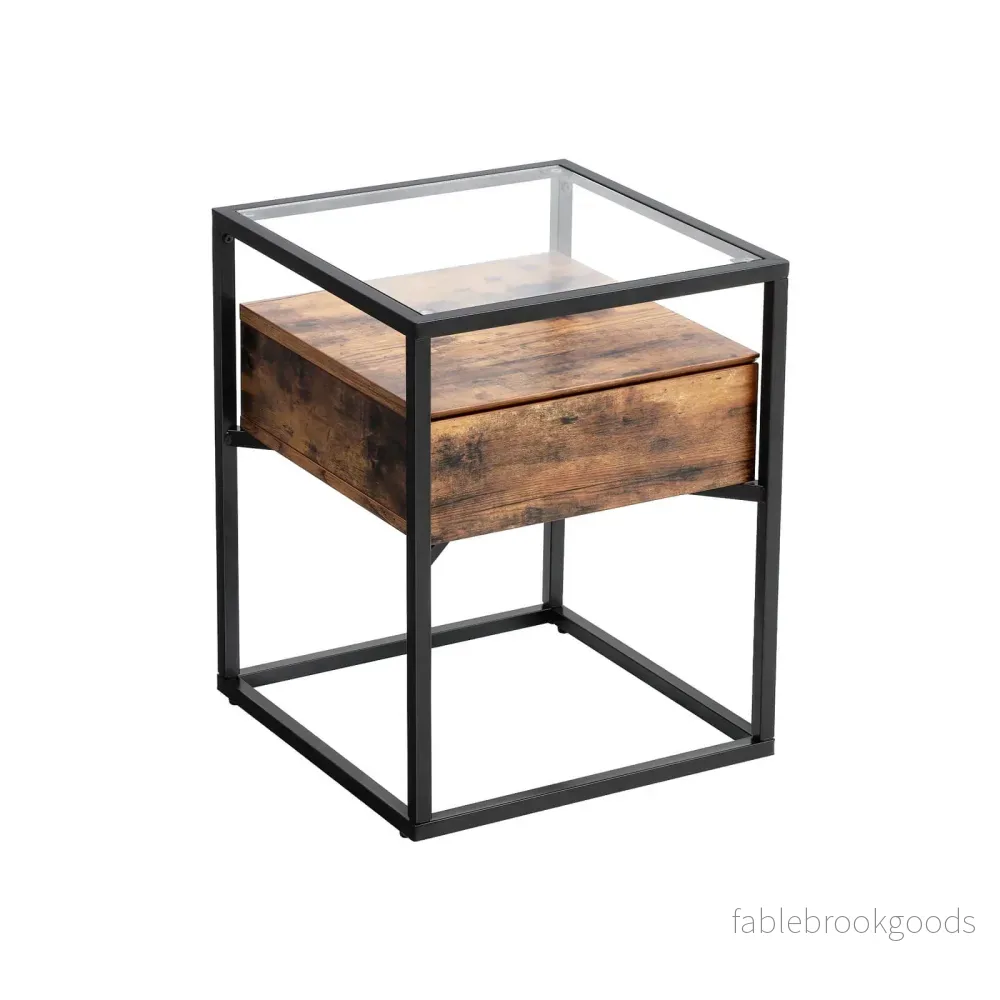 Sidobord – Glasskiva med låda – Vintage design – Brun/Svart Sidobord – Glasskiva med låda – Vintage design – Brun/Svart