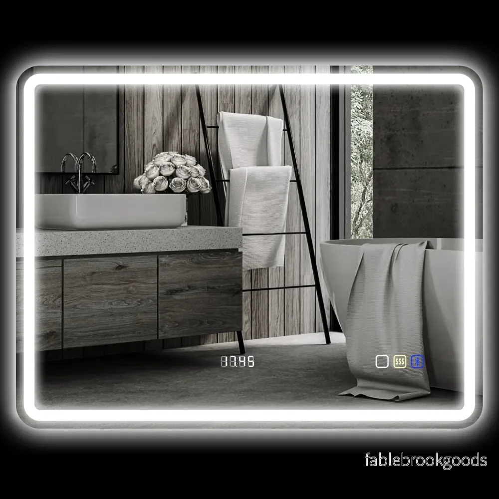 Badrumsspegel med LED-belysning, anti-dimdyna, 3 justerbara färger, klocka, 700 x 900 mm, silver