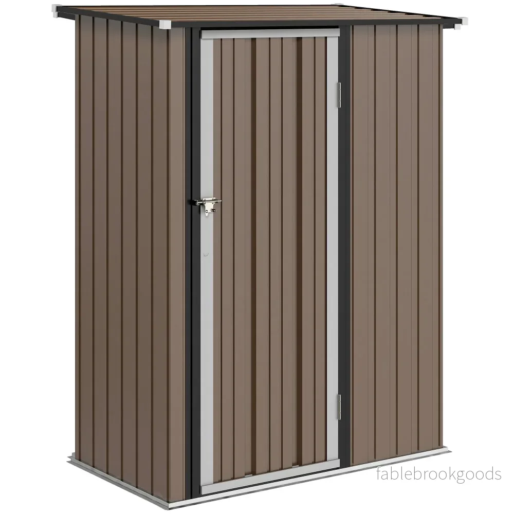 Metallskjul med sluttande tak, låsbar dörr, brun