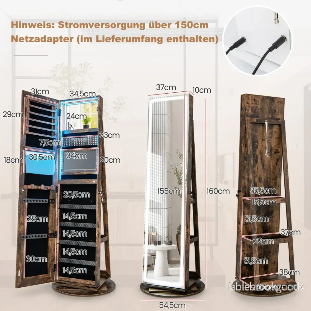 Smyckesskåp – med spegel justerbara LED lampor Vintage – 54,5 x 54,5 x 160 cm – Rustik brun - Bild 2