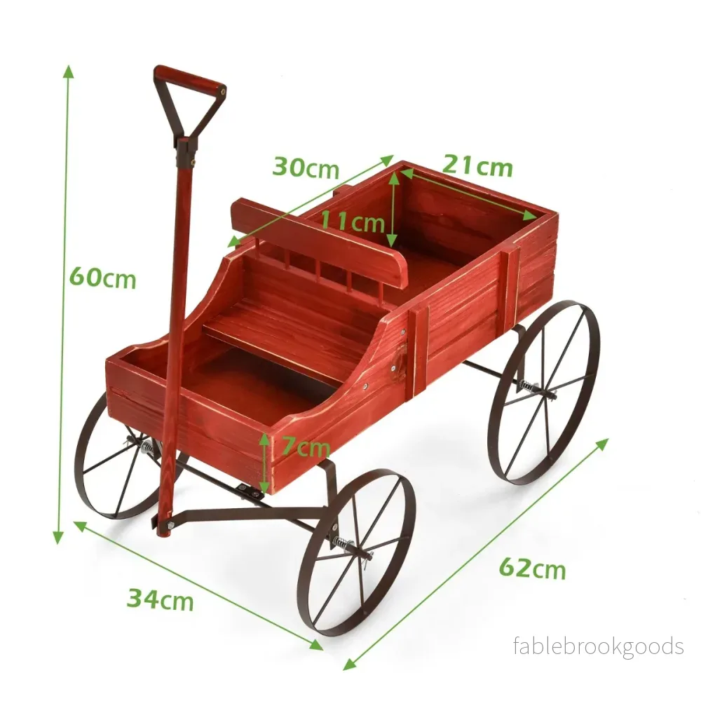 Blomsterställ – Trävagn Växtvagn Blomstervagn med Metall – 62 x 34 x 60 cm – Röd - Bild 3