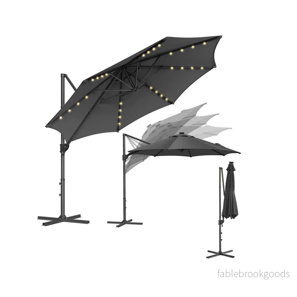Parasoll Ø300 cm – UPF 50+ med 28 LED-lampor – Grå Parasoll Ø300 cm – UPF 50+ med 28 LED-lampor – Grå