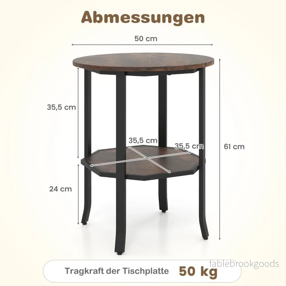 Rund – sidobord stegs med förvaringsfack Industriellt accentbord Nattduksbord robust metallram Rustikt Brunt – 2 – Rustik brun - Bild 2