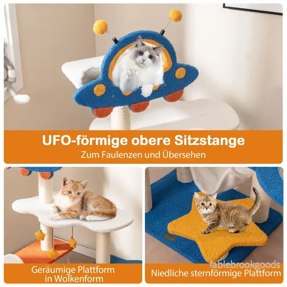 Kattträd – med rymdtema och rymdkapsel sisal krapstolpar Flerskiktigt klätterträd – Blå - Bild 2