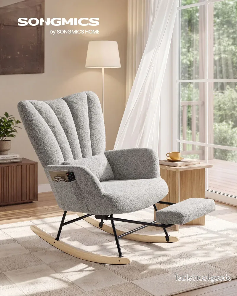 Schommelstoel - Met Uitschuifbare Voetensteun - Fleece - Houten Poten - Duifgrijs - Bild 2